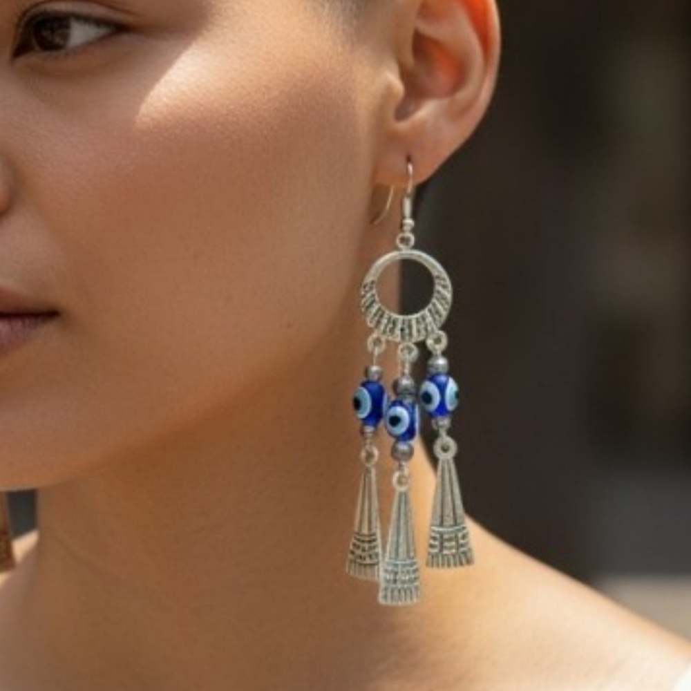 🦋Silver Chandelier Tassel Evil Eye  Earrings!